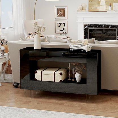 47" High Gloss Console Table with Hidden Side Storage Cabinets, Adjustable Shelves, Modern Black Entryway Sofa Table for Behind The Couch, Living Room, Hallway, Black
