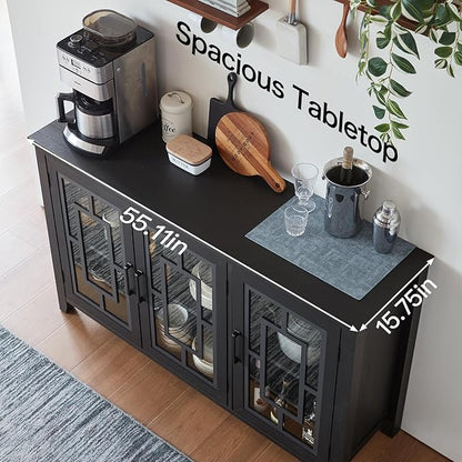 Large Sideboard Buffet Cabinet with Storage, 55" Farmhouse Black Kitchen Coffee Wine Bar Cabinet with 3 Glass Doors, Wood Mid Century Modern Side Board Table for Dining Room, Living Room