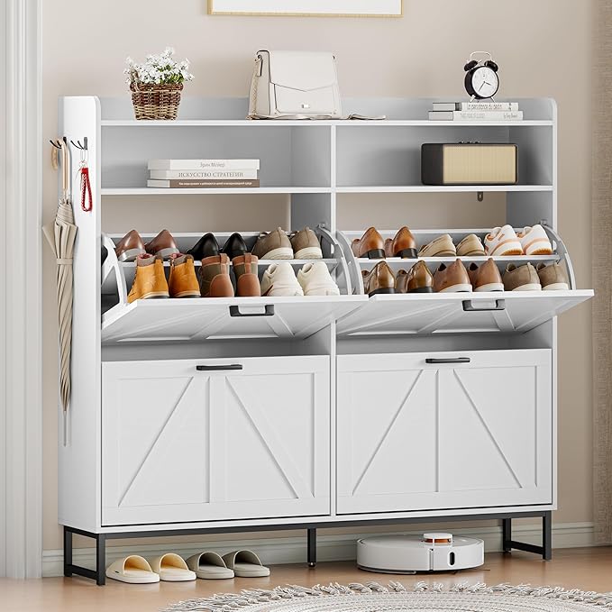 Shoe Cabinet Storage for Entryway, Shoe Storage Cabinet with 4 Flip Drawers, Freestanding Narrow Shoe Rack Organizer with Metal Legs for Foyer, Hallway, White