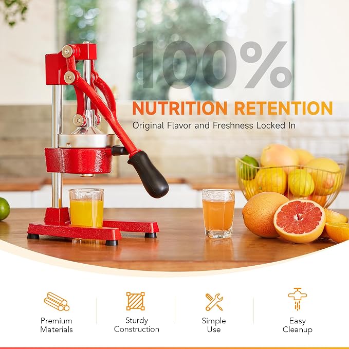CO-Z Manual Citrus Juicer, Professional Orange and Lemon Juice Maker, Easy to Clean, Red