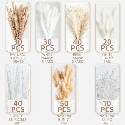 220PCS Natural Dried Pampas Grass Boho Home Decor Bouquet Phragmites Dried Flowers Bouquet for Wedding Floral Arrangements Home Decorations (220PCS)