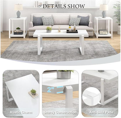 FOLUBAN White Coffee Table, Modern Rustic Wood and Metal Center Table, Rectangle Cocktail Tea Table for Living Room, 47 Inch