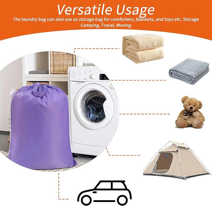 Polecasa 2 Pack Extra Heavy-Duty Laundry Bag 28x36”- Machine Washable Large Storage Bag with Reinforced Handles & Drawstring Closure & ID Tag for College Dorm Travel -Purple