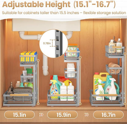 Under Sink Organizer and Storage for Bathroom and Kitchen - 2 Pack 3 Tier Under Cabinet Pull Out Shelf Organizers - Slide Out Drawer Organization for Home Cabinets Shelves and Drawers