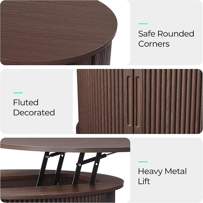 LINSY Lift Top Coffee Table, Round Fluted Coffee Table with Storage, Mid Century Modern Wooden Coffee Tables with Sliding Tambour Door, 31.5" Center Table for Living Room, Office, Small Space, Walnut