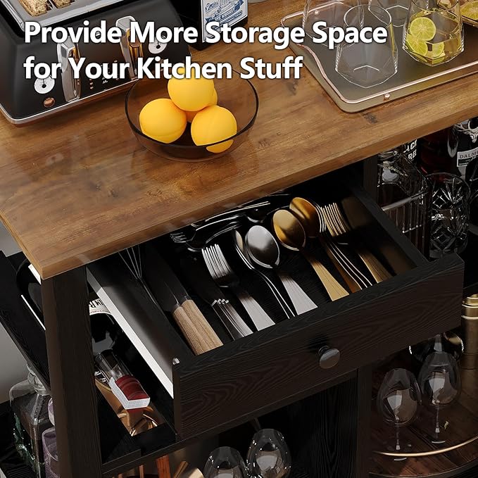 4 EVER WINNER Rolling Kitchen Island Cart with Storage, Bar Cart with Wine Rack and Adjustable Shelves, Small Kitchen Island on Wheels for Kitchen,Black