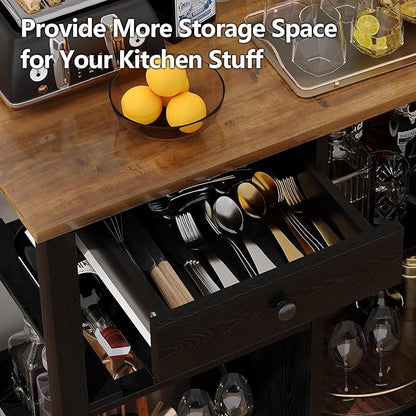 4 EVER WINNER Rolling Kitchen Island Cart with Storage, Bar Cart with Wine Rack and Adjustable Shelves, Small Kitchen Island on Wheels for Kitchen,Black