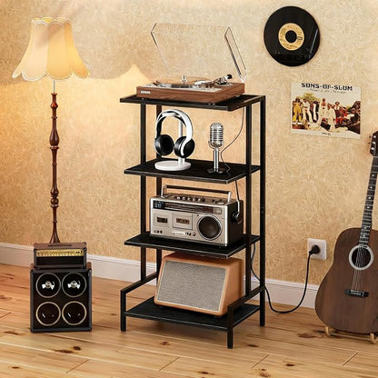 Arbuxzuy 4-Tier AV Media Stand with Power Outlet and LED Lights,Wooden Stereo Stand Cabinet,Game Console Shelf for Small Space,Audio Rack Stand Tower Ideal for Video DVD Players,Xbox