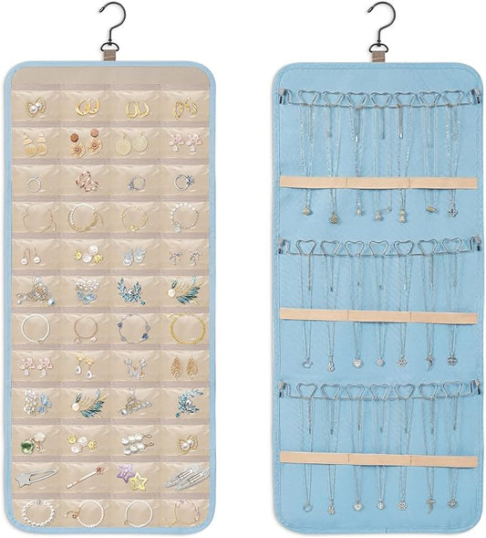 Dynoro Double-Sided Hanging Jewelry Organizer, Large Teal Storage Roll for Earrings, Necklaces, Rings, 48 Pockets 21 Hooks, Durable Oxford Fabric for Closet, Wall, Door, 1 piece, Jewelry Not Included