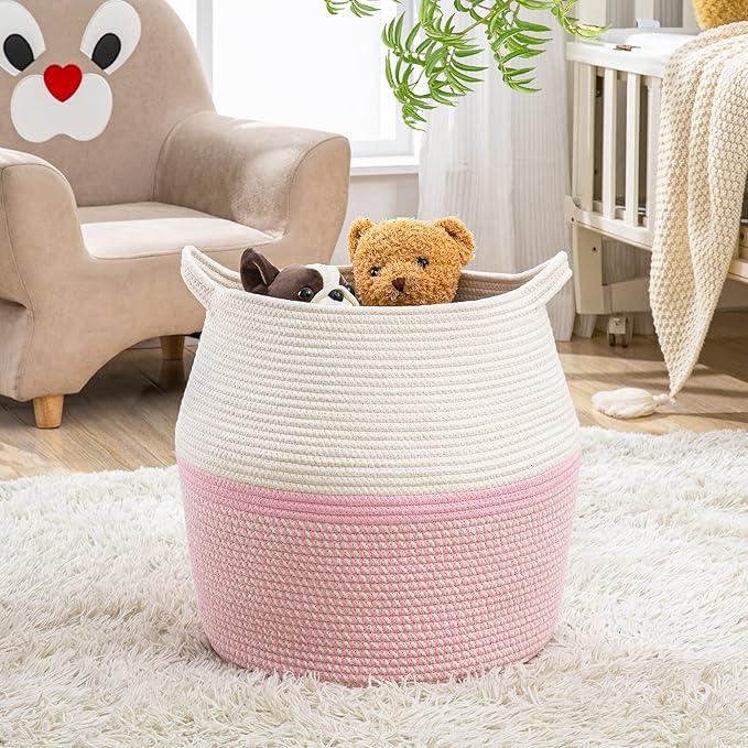 KAKAMAY Woven Baskets for Storage(17"x17"),Large Cotton Rope Woven Baby Laundry Hamper,Collapsible Laundry Basket, Blanket Basket for Organizing Living Room,Nursery,Pillows,Toy Chest(Pink)