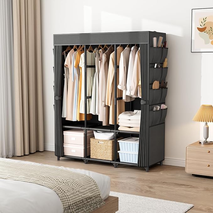 Wardrobe Closet, Portable Closets for Hanging Clothes 19mm Steel Tube Portable Wardrobe Closet for Bedroom, Clothes Rack with Cover, 3 Hanging Rod, 6 Storage Shelves and Side Pocket