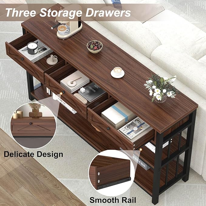 HSH 55” Sofa Table with Drawers, Entryway Table with Storage Shelf, 3 Tier Console Table with Storage Behind Couch for Living Room, Rustic Wood Metal Entry Hallway Table for Entrance, Walnut, 55 in