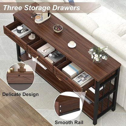 HSH 55” Sofa Table with Drawers, Entryway Table with Storage Shelf, 3 Tier Console Table with Storage Behind Couch for Living Room, Rustic Wood Metal Entry Hallway Table for Entrance, Walnut, 55 in