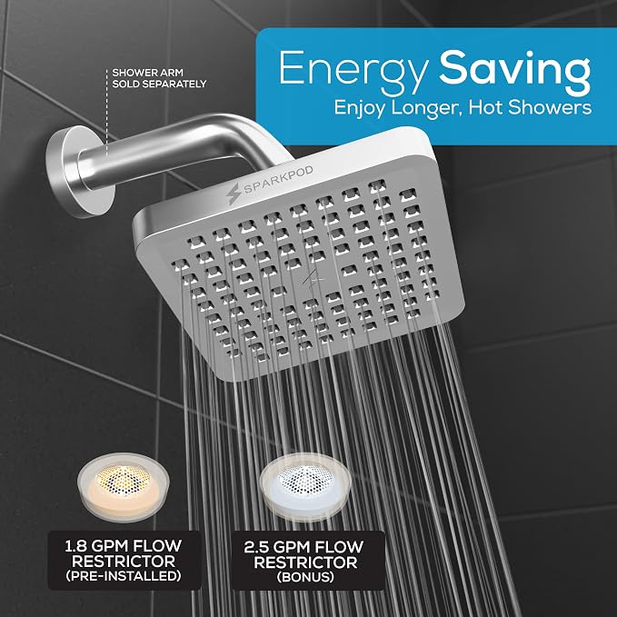 SparkPod Rain Shower Head, 6 Inch Square | High Pressure Shower Heads, 90 Nozzle (Touch-to-Clean), Adjustable Showerhead, No-tool Universal Connection