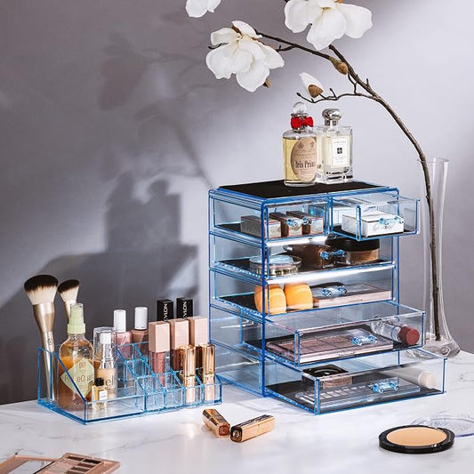 Sorbus Acrylic Makeup Organizer Set, 6-Drawer Vanity & Countertop Cosmetic Storage with Small & Wide Compartments, Blue Brilliance Makeup Storage for Brushes, Jewelry – Holiday Gift for Women & Teens
