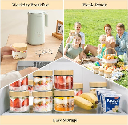 TBWIND 4 Pack 10oz Glass Jars with Bamboo Lids, Spoons, Airtight Overnight Oats Containers, Wide Mouth Mason Jars, Food Storage Container for Yogurt Salad Snacks Spice Sugar Meal Prep – Reusable