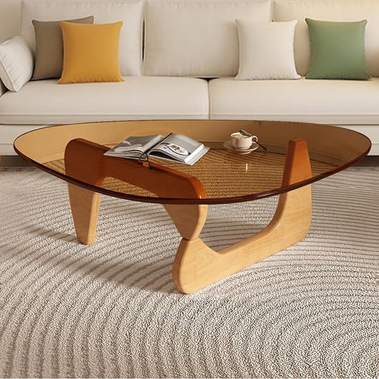 Modern Glass Coffee Table, Mid Century Coffee Table,Small Coffee Table for Living Room,Suitable for Bedroom Living Room Reception Office Tables (Wood/Brown, Small)