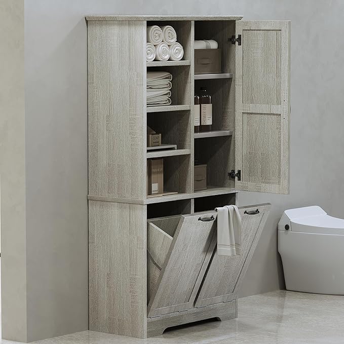 Merax Cabinet with Tilt-Out Laundry Hamper Basket, Tall Bathroom Storage Organizer Linen with Open Shelf for Home, Freestanding, Oak