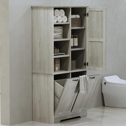 Merax Cabinet with Tilt-Out Laundry Hamper Basket, Tall Bathroom Storage Organizer Linen with Open Shelf for Home, Freestanding, Oak