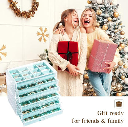 Lolalet Earring Holder Organizer Box Jewelry Storage with 6 Drawers, Clear Acrylic Stackable Earring Case with Adjustable Velvet Trays for Women on Dresser Vanity -Aqua, 6 Layers