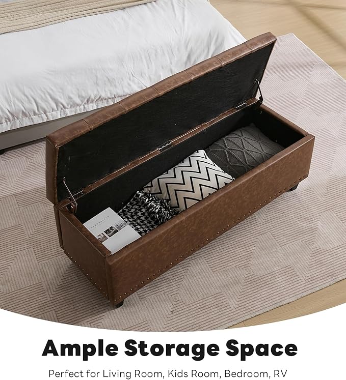 Tbfit 50.8“ Large Ottoman Storage Bench for Bedroom, Oversized Tufted Upholstered Entryway Benches End of Bed, Rectangle Dorm Foot Stool with Safety Hinge & Solid Wood Legs, Loads 660 lb, Brown