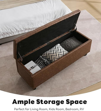 Tbfit 50.8“ Large Ottoman Storage Bench for Bedroom, Oversized Tufted Upholstered Entryway Benches End of Bed, Rectangle Dorm Foot Stool with Safety Hinge & Solid Wood Legs, Loads 660 lb, Brown