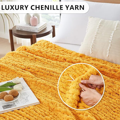 L'AGRATY Chunky Knit Blanket Throw - Soft Throw Blanket 50x60: 100% Hand Knitted Chenile Crochet Throw for Home Decor - Mustard Yellow