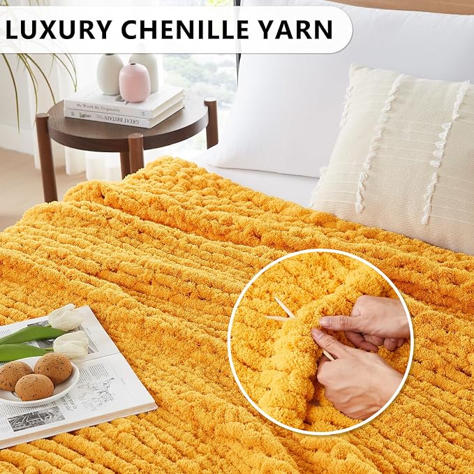 L'AGRATY Chunky Knit Blanket Throw: 80''x90'' Chenille Chunky Knitted Throw Blankets for Bed Couch - Handmade Thick Big Cable Knit Blanket - Large Crochet Rope Blankets for Home Decor(Yellow)