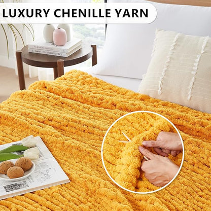 L'AGRATY Chunky Knit Blanket Throw: 80''x90'' Chenille Chunky Knitted Throw Blankets for Bed Couch - Handmade Thick Big Cable Knit Blanket - Large Crochet Rope Blankets for Home Decor(Yellow)