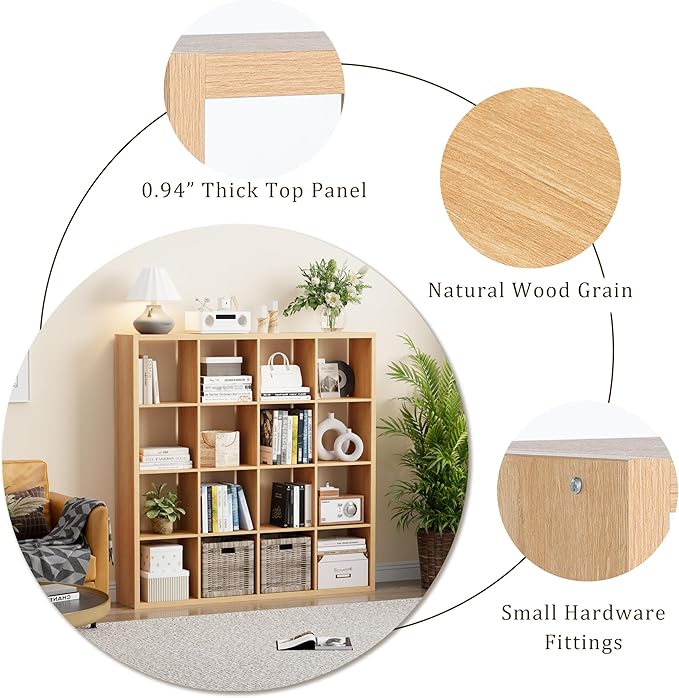 Cube Storage Organizer Bookcase, Decorative 11 inch Open Back Cubical Shelf with Thickened Border, Display Bookshelf for Living Room, Home Office, Sturdy Room (Natural Oak, 16 Cube)