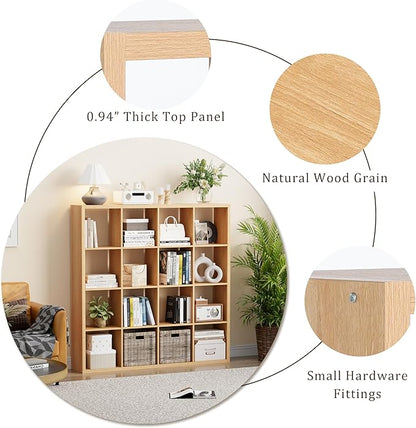 Cube Storage Organizer Bookcase, Decorative 11 inch Open Back Cubical Shelf with Thickened Border, Display Bookshelf for Living Room, Home Office, Sturdy Room (Natural Oak, 16 Cube)