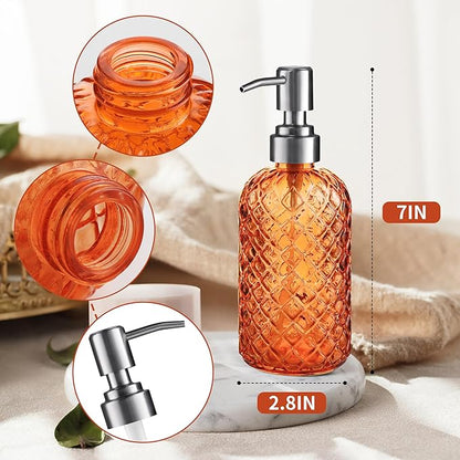 14 Oz Refillable Glass Soap Dispenser with Rust Proof Stainless Steel Pump, for Dispense Hand soap, Body wash, Lotion (Orange)