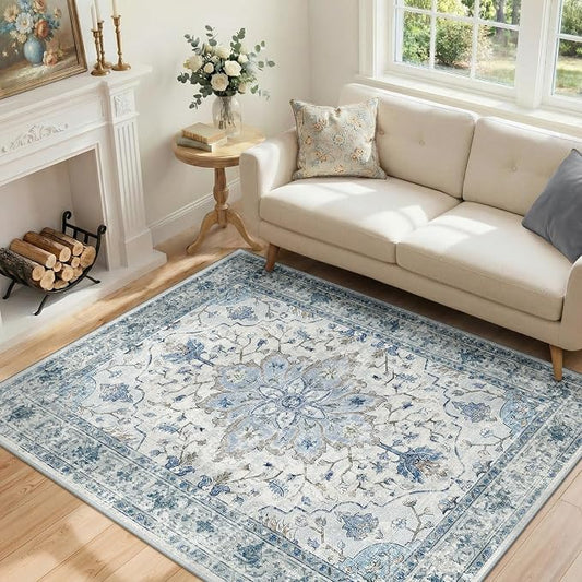 RELEANY Area Rugs 4'x6' Washable Non-Slip, Floral Vintage Distress Medallion Carpet for Living Room Bedroom Dining Room, Light Blue Navy Gray White