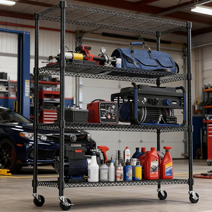M MZG 1400LBS 47.2" W 4 Tiers Storage Shelves Metal Shelving Unit with Wheels Heavy Duty Garage Shelving Adjustable Wire Shelves for Pantry,Kitchen,Garage,Basement,Black 17.7" D x 47.2" W x 62.7" H