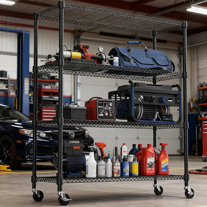 M MZG 1400LBS 47.2" W 4 Tiers Storage Shelves Metal Shelving Unit with Wheels Heavy Duty Garage Shelving Adjustable Wire Shelves for Pantry,Kitchen,Garage,Basement,Black 17.7" D x 47.2" W x 62.7" H