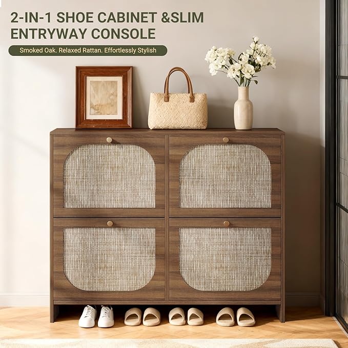 Nicetree Freestanding Ultra Slim Fluted Accent Shoe Storage Cabinet for Entryway - 4 Flip Drawers & 3-Tier Adjustable Shelves, Farmhouse Modern Rustic Shoe Rack for Hallway, Foyer, Living Room