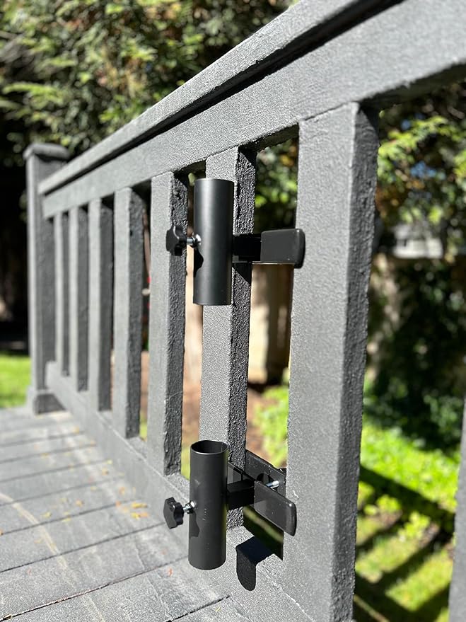 | Patio Umbrella Holder | 2 Piece Split Design | Outdoor Umbrella Base and Mount | Attaches to Railing Maximizing Patio Space and Shade