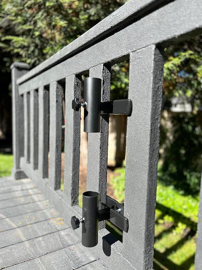 | Patio Umbrella Holder | 2 Piece Split Design | Outdoor Umbrella Base and Mount | Attaches to Railing Maximizing Patio Space and Shade