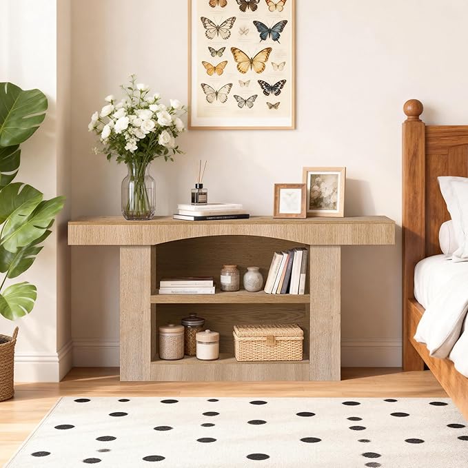 63 Inch Entryway Table Three-Shelf Cabinet, Wooden Console Table with Socket Farmhouse Sofa Table for Entrance, Hallway, Living Room,Behind Couch(Oak Brown)