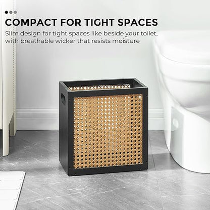 TIOPGHAD Small-Wicker-Waste-Basket-Trash-Can 3 Gallon/11.6 L Bamboo Mini Rattan Wastebasket Garbage Can Trashcan Wood Trash bin for Bathroom Office Living Room(Black&Oak)