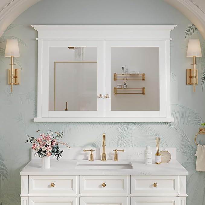 WELLFOR 48"x 32" Bathroom Medicine Cabinet with 3-Tier Adjustable Shelves, Recessed Solid Wood Medicine Cabinet with Mirrors, Wood Miiror Cabinet with 2 Soft-Close Door and Open/Built-in 6 Shelves