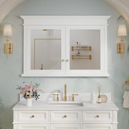 WELLFOR 48"x 32" Bathroom Medicine Cabinet with 3-Tier Adjustable Shelves, Recessed Solid Wood Medicine Cabinet with Mirrors, Wood Miiror Cabinet with 2 Soft-Close Door and Open/Built-in 6 Shelves