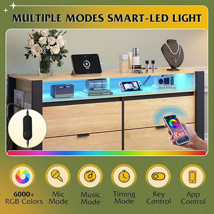 WLIVE 6 Drawer Led Dresser for Bedroom, 51" Wood Dresser with Charging Station for 55" TV, Dressers with Open Shelves, Hanging Rack, Chest of Drawers for Closet, Living Room, Light Oak
