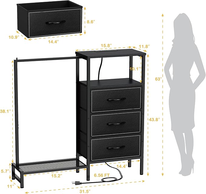 Dresser for Bedroom with Hanging Rack, 3 Drawers Closet with Charging Station, Faric Chest of Drawers with Clothes Rack, Storage Organzier for Hallway Entryway, Black