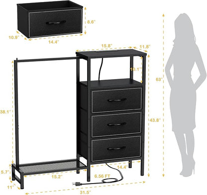 Dresser for Bedroom with Hanging Rack, 3 Drawers Closet with Charging Station, Faric Chest of Drawers with Clothes Rack, Storage Organzier for Hallway Entryway, Black