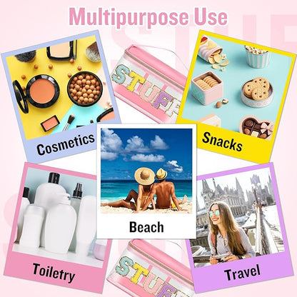 Chenille Letter Clear Makeup Bags Stuff Pouch, Preppy Patch Makeup Bag Zipper with Handle, Transparent PVC & Nylon Waterproof Glitter Cosmetic Handbag Travel Toiletry Storage for Women (STUFF-Pink)