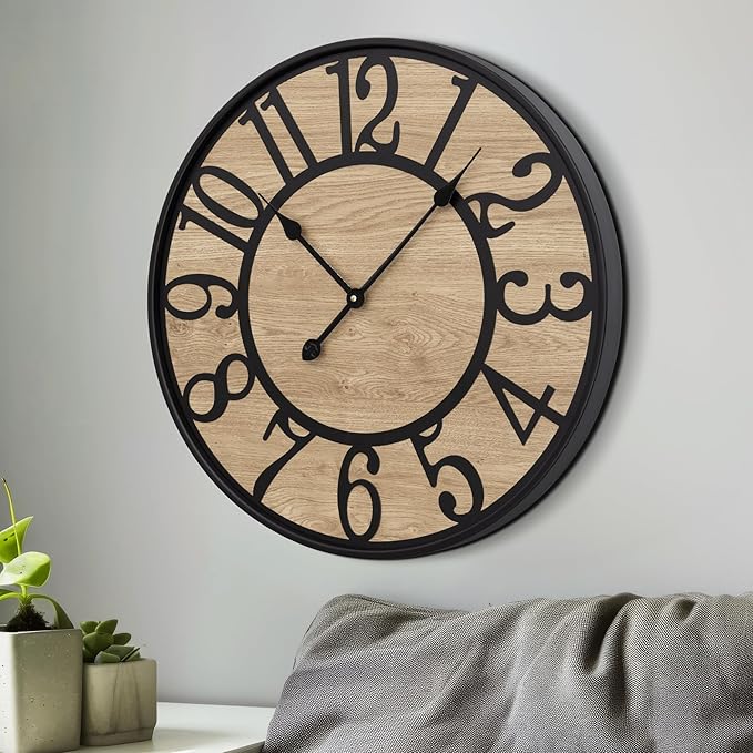 LEIKE Large Wall Clocks Living Room Decor,Non Ticking Silent,Battery Operated Small Round Modern Wood Wall Clock for Bedroom,Kitchen,Farmhouse,Office Vintage Home Decor-13.5" -Arabic Number
