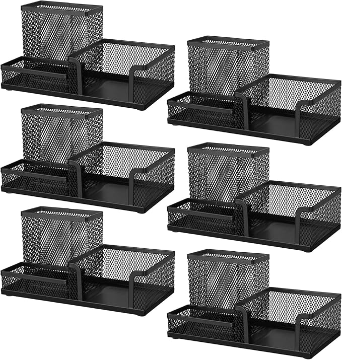 Comix Mesh Pen Pencil Holder Desk Organizer, 3 Compartment Wire Desktop Pen Pencil Cup Caddy Office Supplies Accessories for Home Office School, Black(6 Pack)