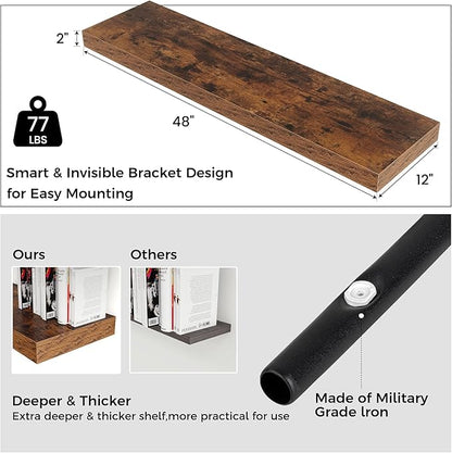 Floating Shelves for Wall, 48 Inch Wide x 12 Inch Deep Floating Shelves, Long Wood Floating Wall Shelf Shelves for Living Room Bathroom Bedroom Kitchen Home - (Brown, 48" W x 12" D x 2" H)