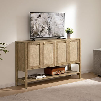 SICOTAS Rattan Sideboard Buffet Cabinet with Open Storage - Large Storage Cabinet with 4-Doors and Adjustable Shelves, Boho Credenza Coffee Bar Cabinets Buffet Table Console Table for Kitchen,Hallway